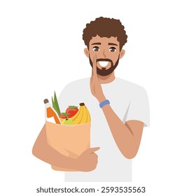 Happy Man Carrying Groceries while smiling and gesturing happily. Flat Vector character illustration