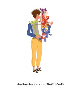 Happy Man Carrying Pile of Wrapped Gift Box for Special Occasion Like Birthday or Holiday Celebration Vector Illustration