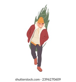 Happy man cartoon character carrying Christmas tree during December holidays event preparations