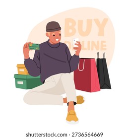 Happy man cartoon character using smartphone and credit card to choose and buy new garment online scene. Mobile e-commerce, digital fashion retail shopping and secure payments vector illustration