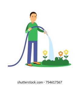 Happy man cartoon character watering flowers from a hose. Contributing into environment preservation. People who protect nature. Gardening and harvesting. Flat vector illustration isolated on white.