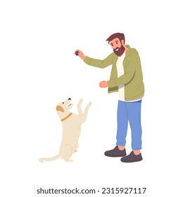 Hombre feliz caricaturista personaje de mascota jugando perro con pelota pasando tiempo con un amigo al aire libre