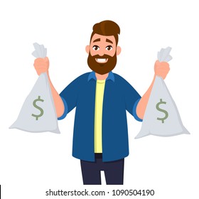 Happy man with cash bags in each hand. Man showing money bags. Vector illustration in cartoon style.