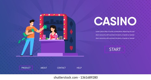 Happy Man with Cash Money Buy Chip Token from Woman Casino Cashier Vector Illustration. Lucky Male Winner. Internet Gambling Online Poker Sport Tournament Blackjack Match Card Game