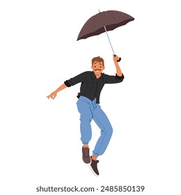 Hombre Feliz En Traje Casual Volando Con Un Paraguas. Vector Imagen Transmite Un Sentido De Libertad, Emoción Y Aventura, Con Un Sentimiento De Carácter Lúdico Y Alegre. Personas de dibujos animados Ilustración