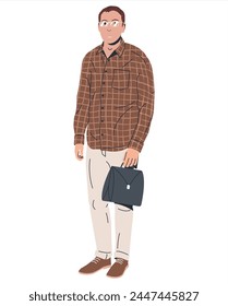 Hombre feliz en ropa casual con el maletín aislado. Joven oficinista con gafas. Empleado seguro de pie con ropa formal. Personaje masculino en camisa y pantalones. Ilustración vectorial plana de dibujos animados