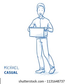 Happy man in casual clothes carrying a box. Concept for new job, new home, delivery or donations. Hand drawn blue outline line art cartoon vector illustration. 