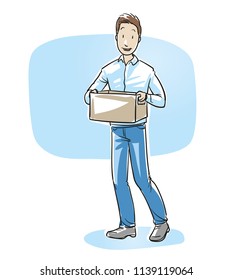 Happy Man In Casual Clothes Carrying A Box. Concept For New Job, New Home, Delivery Or Donations. Hand Drawn Blue Outline Line Art Cartoon Vector Illustration. 