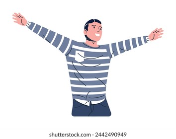 Happy Man in Casual Clothes Flying Isolated. Young Smiling Male Character. Boy Jump with Hands Up. Guy Rejoicing or Celebrating, Positive Emotions or Success. Cartoon Flat Vector Illustration