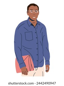 Hombre feliz en ropa casual con la carpeta aislada. Joven oficinista con gafas. Empleado seguro de pie con ropa formal. Personaje masculino en camisa y pantalones. Ilustración vectorial plana de dibujos animados