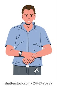 Hombre feliz en ropa casual aislado. Joven oficinista de pelo rizado. Empleado seguro de pie con ropa formal. Personaje masculino en camisa y pantalones. Ilustración vectorial plana de dibujos animados