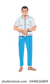 Hombre feliz en ropa casual aislado. Joven oficinista de pelo rizado. Empleado seguro de pie con ropa formal. Personaje masculino en camisa y pantalones. Ilustración vectorial plana de dibujos animados