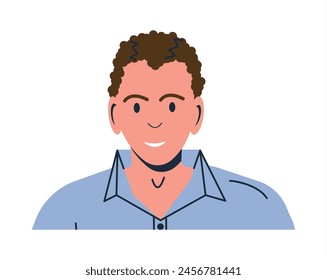 Hombre feliz en ropa casual aislado. Joven oficinista de pelo rizado. Empleado seguro de pie con ropa formal. Personaje masculino en camisa. Ilustración vectorial plana de dibujos animados