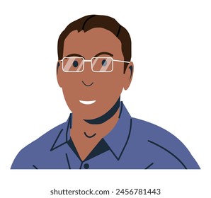 Hombre feliz en ropa casual aislado. Joven oficinista con gafas. Empleado seguro de pie con ropa formal. Personaje masculino en camisa. Ilustración vectorial plana de dibujos animados