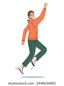 Happy Man in Casual Clothes Jumping Isolated. Young Smiling Jumping Male Character. Boy Jump with Hands Up. Guy Rejoicing or Celebrating, Positive Emotions or Success. Flat Vector Illustration