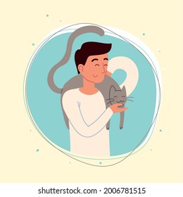 happy man with a cat pet cartoon