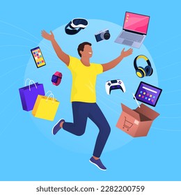 Happy man catching electronic devices on sale: online shopping and technology concept