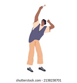 Happy man celebrates holiday with joy, holding sparkler in hand. Person during birthday party celebration. Guy rejoicing at festive event. Flat vector illustration isolated on white background