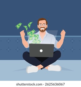 Homem feliz celebra enquanto o dinheiro parece voar para fora de seu laptop. Ilustração de vetor plano isolada no plano de fundo branco