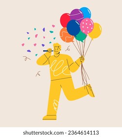 Happy man celebrating holiday. Man hold balloons. Colorful vector illustration
