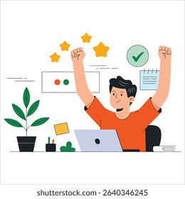 Happy man celebrating task completion. Successful freelancer vector, ideal for productivity and achievement themes.