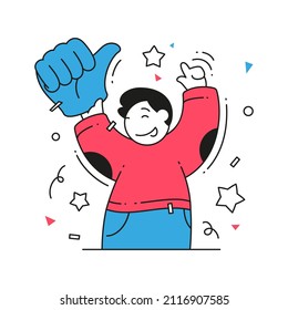 Hombre feliz celebrando el éxito de la victoria sosteniendo el enorme pulgar del guante hacia arriba la emoción positiva vector ilustración plana. Ganador masculino muy feliz teniendo buenas noticias con gesto fresco acuerdo mensaje de dedo aislado