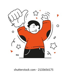 Happy man celebrating victory success holding huge glove thumb up positive emotion vector flat illustration. Overjoyed male winner having good news with cool gesture agreement finger message isolated