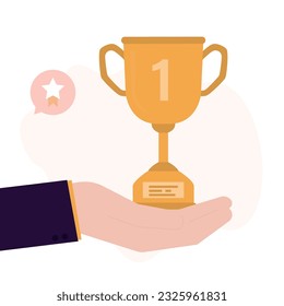 Happy man celebrating win. Hand holds giant golden cup. Male employee achieved great success and received award or bonus. Achievement of goal, victory in competition, award. flat vector illustration