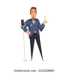 Happy man with champagne glass speaking into microphone at banquet cartoon vector illustration