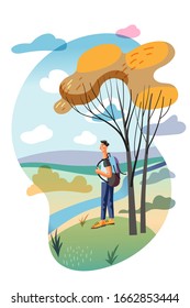 Happy man character with backpack walking in autumn forest or spring wood cutout cartoon. Flat natural landscape. Long river and beautiful nature enjoyment. Rest and recreation. Vector illustration
