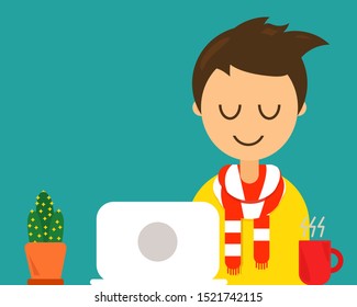 Happy Man Character in Cartoon Style with successful concept. A happy man is sitting on chair at his work area, there are laptop and red cup of hot coffee.