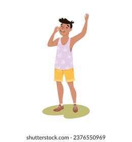 Happy Man Character Cheering Raising Hands Up Vector Illustration