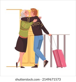 Happy Man Character Coming Back and Returning Home Standing Near Open Door with Wife Welcoming Him Vector Illustration