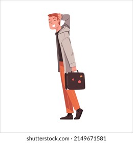 Happy Man Character Coming Back and Returning Home Standing with Suitcase Vector Illustration