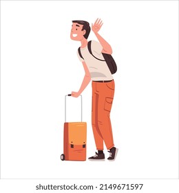 Happy Man Character Coming Back and Returning Home Standing with Suitcase Vector Illustration