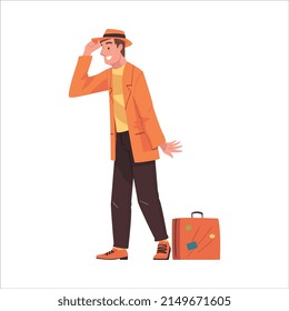 Happy Man Character Coming Back and Returning Home Standing with Suitcase Vector Illustration