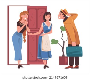 Happy Man Character Coming Back and Returning Home Standing Near Open Door with Relatives Welcoming Him Vector Illustration