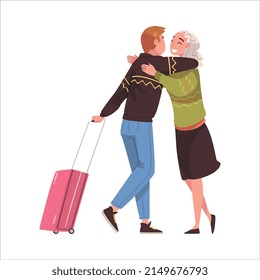 Happy Man Character Coming Back and Returning Home with Wife Welcoming Him Vector Illustration
