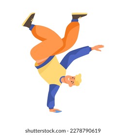 Happy Man Character Dancing Break Dance Moving His Body Vector Illustration