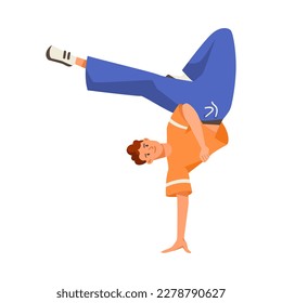 Happy Man Character Dancing Break Dance Moving His Body Vector Illustration