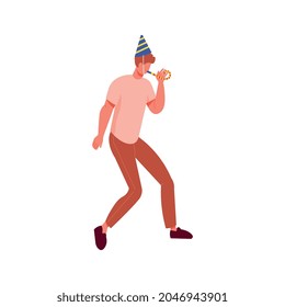 Feliz baile del personaje de hombre en la ilustración de un vector plano de fiesta