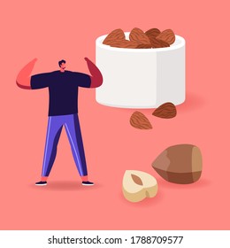 Happy Man Character Doing Fitness Workout with Hazelnuts around. Source of Protein, Healthy Lifestyle, Vegetarian Nutrition Products, Healthy Vegan Food Nuts, Dieting. Cartoon Vector Illustration