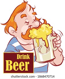 Happy man character drinks beer with mouth, illustration