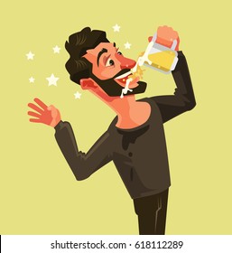 Happy man character drinks beer with mouth wide open. Vector flat cartoon illustration