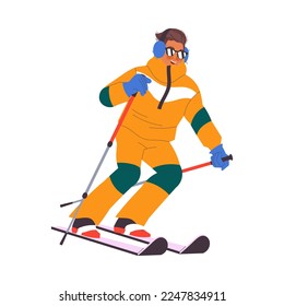 Happy Man Character in Earmuffs Skiing at Mountain Ski Resort in Winter Season Vector Illustration