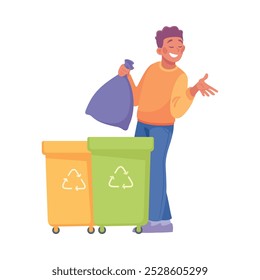 Happy Man Character Gather Garbage Saving Planet Vector Illustration