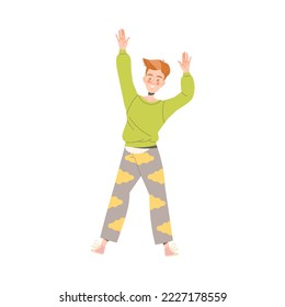 Happy Man Character in Green Sweater Raising Hands Sharing Positive Vibes Vector Illustration