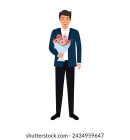 Happy man character holding a bouquet of flowers in flat design on white background.