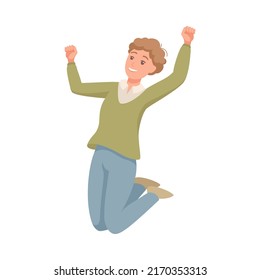 Happy Man Character Jumping with Raised Hands Vector Illustration