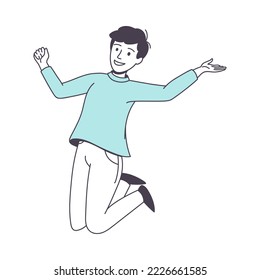 Happy Man Character Jumping with Raised Hands Excited with Something Vector Illustration